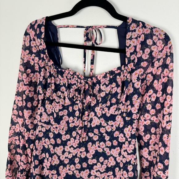 Lush NWT Floral Print Tie Front Long Sleeve Mini Dress Size S Navy Blue Pink - Picture 7 of 12